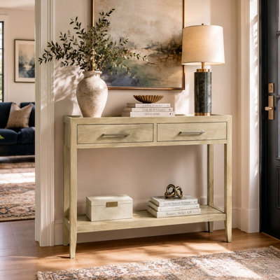 Console de canapé 36 pouces Unya avec tablette, 2 tiroirs, bois de manguier brun naturel, décor organique