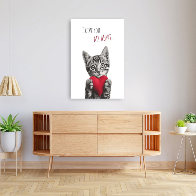 Adorable chaton, cœur romantique, reproduction d'art murale, 48" H x 32" W