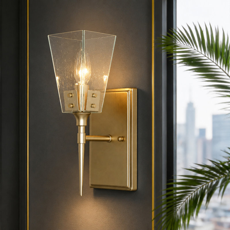 1-Light Gold Dimmable Wall Sconce with Seeded Glass(Bulb not Included)