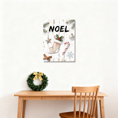 Décoration de Noël de Noël sur toile tendue, reproduction d'art sur toile tendue avec canne de bonbon et branches de pin sur fond de bois (ensemble de 1)