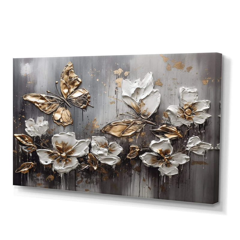 Rozalynn Golden White Butterfly Wings and Flowers III - Art mural encadré floral, H 30 po x l 40 po, Toile tendue, Sans cadre