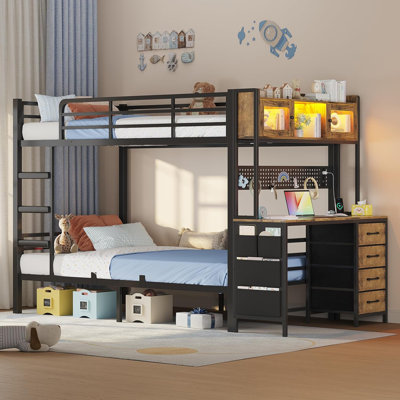 Lit superposé simple au-dessus de simple avec bureau, lits superposés simples avec éclairage à DEL, station de charge et tiroirs de rangement, lit en métal avec barrière de sécurité et échelle, pour enfants et adolescents, peu encombrant