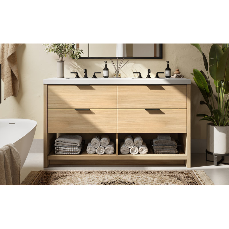 Vue 72" W Freestanding Double Bathroom Vanity, Biondo, Matte Black, Matte White/Single