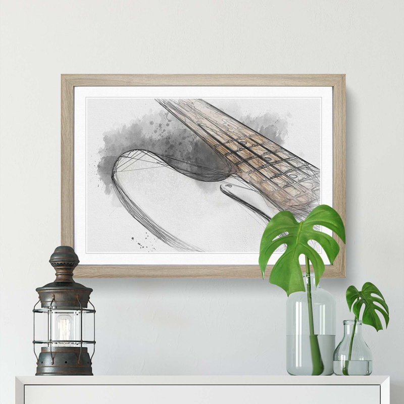 Strings of a White Bass Guitar in Abstract - Framed Print, Oak Framed, 36cm H x 48cm W x 2cm D