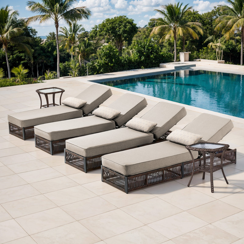 Laguna Patio Chaise Lounge Chair, Luxury Recliner With 6-Position Backrest & 5-Inch Cushions Set Of 4 With 2 Side Tables