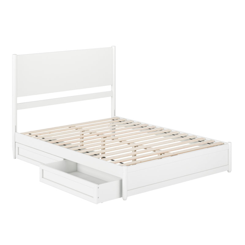 Lit plateforme en bois avec pied de lit et tiroirs de rangement Ronan, Blanc, Grand lit