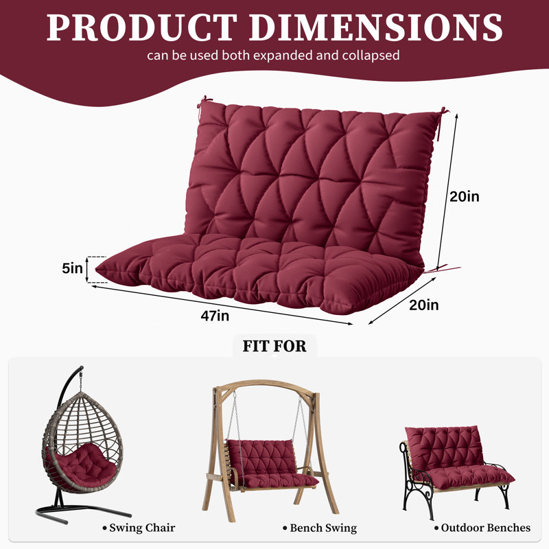 Coussin de banc d'extérieur Wynee, L 47,2 po x P 20 po, Bourgogne