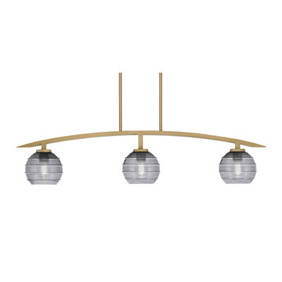 Luminaire pour îlot de cuisine 3 lumières Kurve, fini laiton nouvel âge avec verre nervuré de 6 po