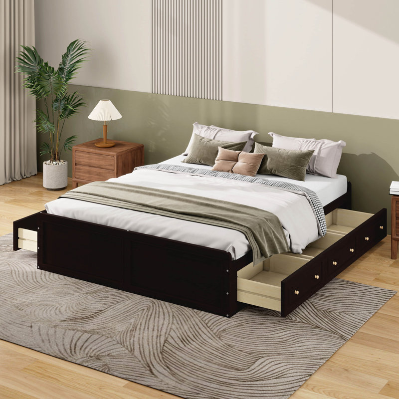 Base de lit plateforme en bois avec support en lattes de bois et 6 tiroirs, Espresso