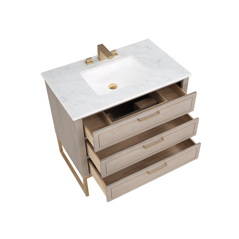 Markham 36'' W Single Vanity, Carrara Marble, Cashmere Gray, Satin Brass