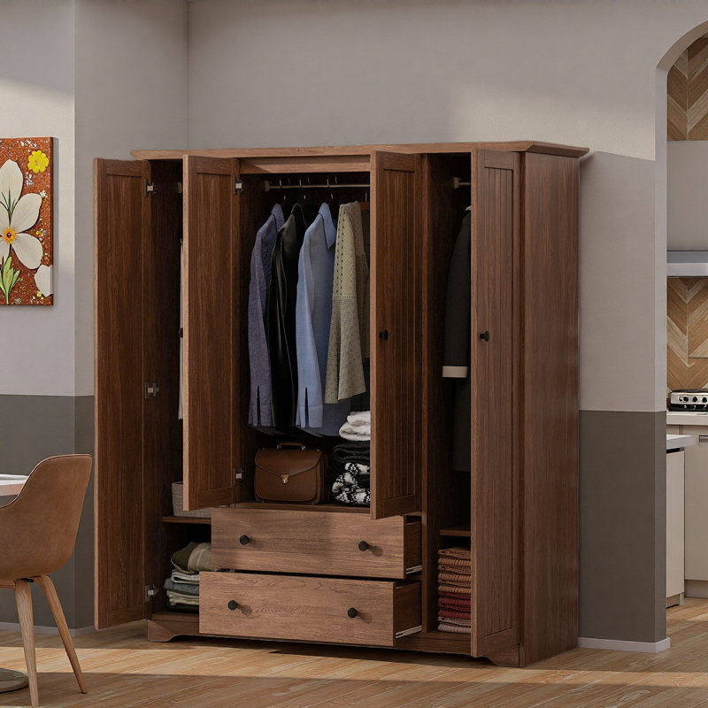 Armoire-penderie classique avec 4 portes, 2 tiroirs, tringles suspendues et rayures verticales, Brun