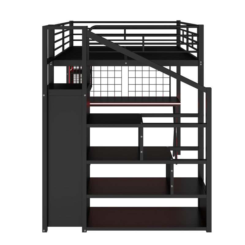 Lit mezzanine double en métal avec poste de travail intégré, garde-robe et DEL