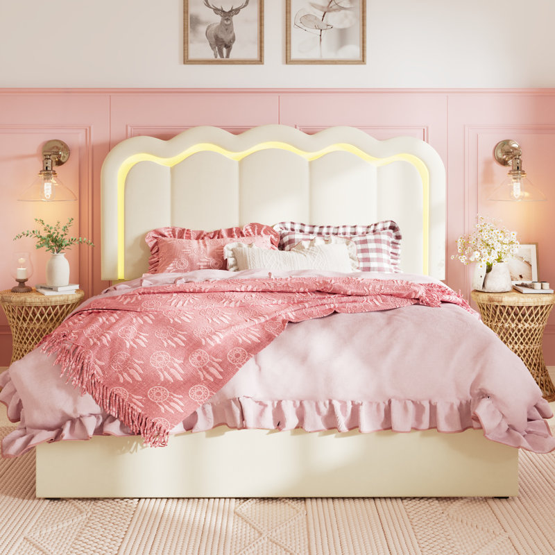 Base de lit tapissier avec rangement et tête de lit réglable en velours à DEL, Grand, Crème