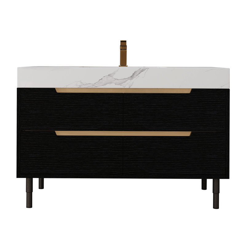 35.4" Modern Faux Marble Bathroom Vanity With Undermount Sink, Sintered Stone Surface, Waterproof Cabinet, Four Storage Drawers, - Standing Top, Solid Wood Adjustable Legs, Matte Black