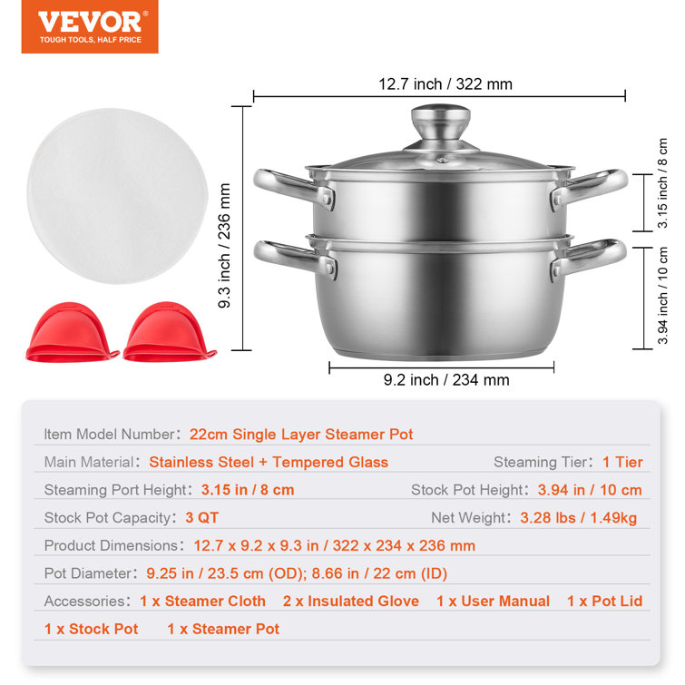 VEVOR Steamer Pot 11 in. 3 Tier Steamer Pot with 8.5 qt. Stock Pot