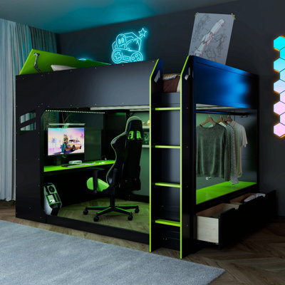 Lit mezzanine en bois avec bureau réglable en hauteur, tiroirs, compartiments de rangement, tringle et lumières RVB