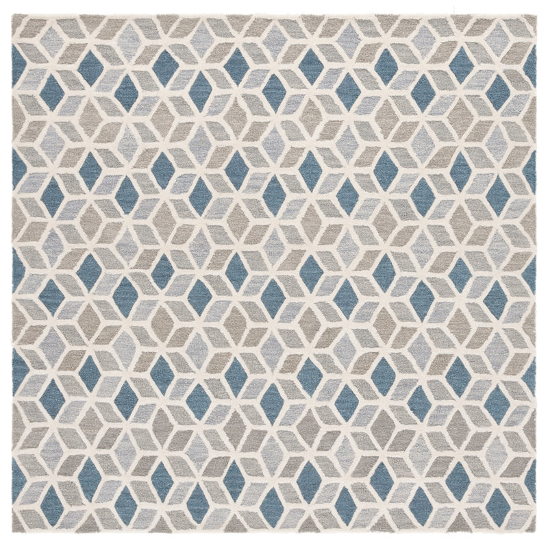 Ebony Hand Tufted Wool/Cotton Geometric Rug in Ivory/Blue, Square 6'
