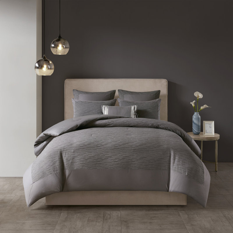N Natori Hanae Grey 100% Cotton Blend Yarn Dyed 3-Piece King/Cal King Comforter Set, King/Cal King Comforter + 2 King Shams