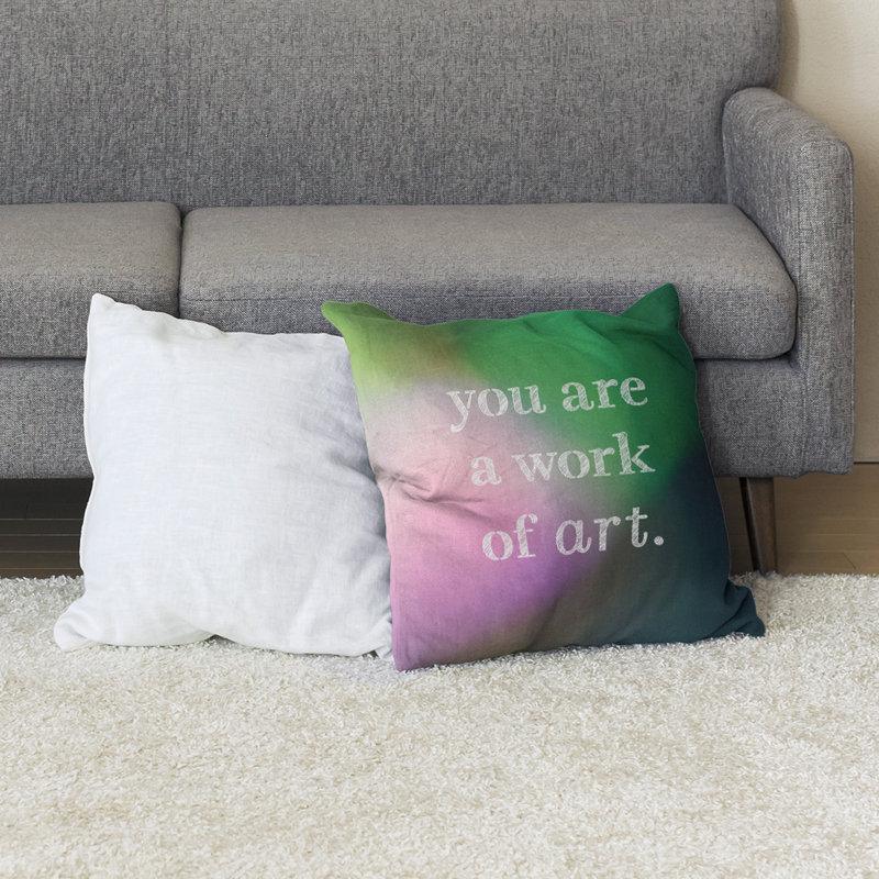 Coussin de sol œuvre d’art, H 28 po x l 28 po, Rose / Vert