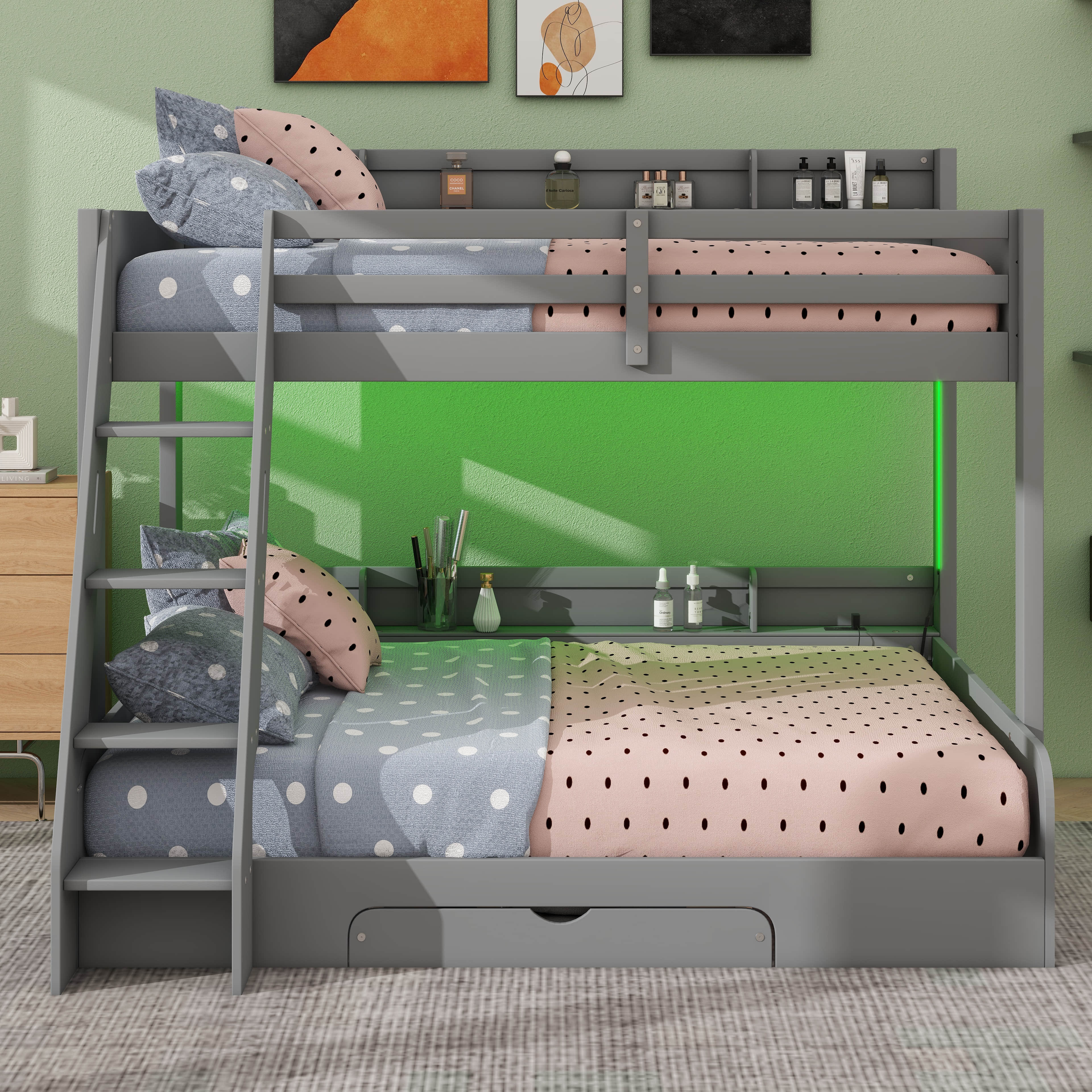 Harriet Bee Twin-And-Full Bunk Bed With Storage Racks, LED Lighting ...