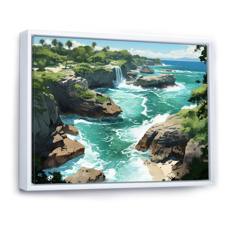 Vue aérienne côtière de l'île, sérénité, art mural tropical côtier, Cadre flottant blanc, H 34 po x l 44 po x P 1,5 po