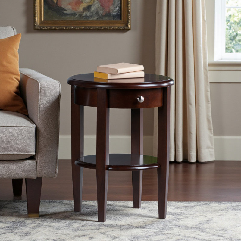 Luciano Brown Round End Table with 1-Drawer for personal items, 22.29'' H X 17.19'' W X 17.19'' D