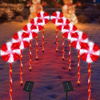 Ensemble de 10 lumières de sentier solaire pour l'extérieur, ensemble de 10 lumières de piquet à menthe poivrée, 8 modes, bonbon, canne, promenades, lumières, décoration de Noël pour l'extérieur