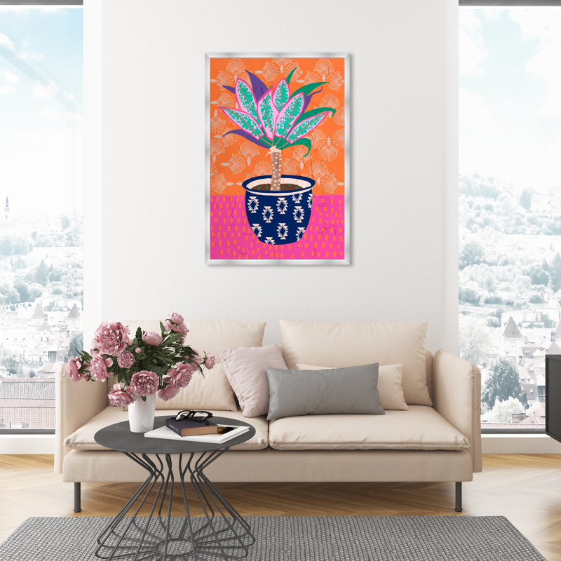 Pot de plantes à motif coloré - peinture sur papier, H 47 po x l 32 po, Papier avec cadre argenté