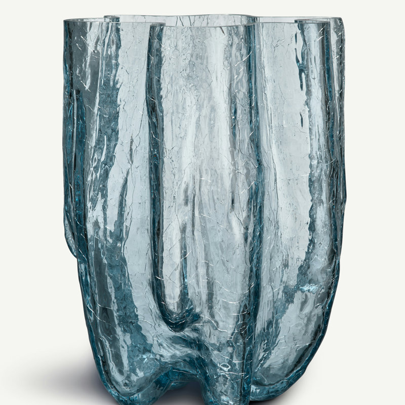 Crackle Glass Table Vase, Blue, 14.57" H x 9.84" W x 9.84" D