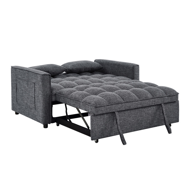 Canapé-lit à 2 places gris, avec capitonnage profond, lit escamotable et poches latérales, parfait pour regarder des films dans les appartements avec rangement coulissant, petits espaces de vie