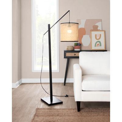 60"H Floor Lamp in Rattan, Wood, Steel Black