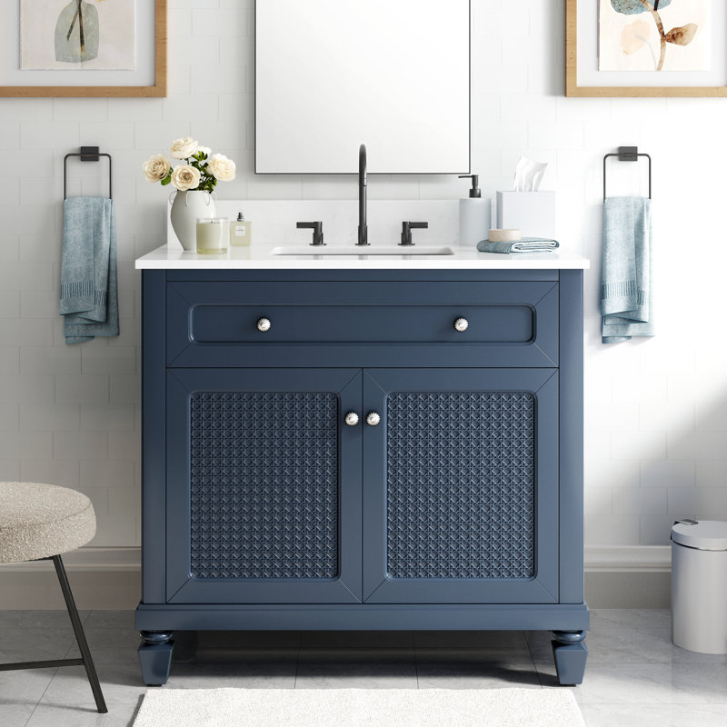 Meuble-lavabo sur pied simple 36 po avec comptoir en marbre d'ingénierie, lavabo en céramique, dosseret, Bleu