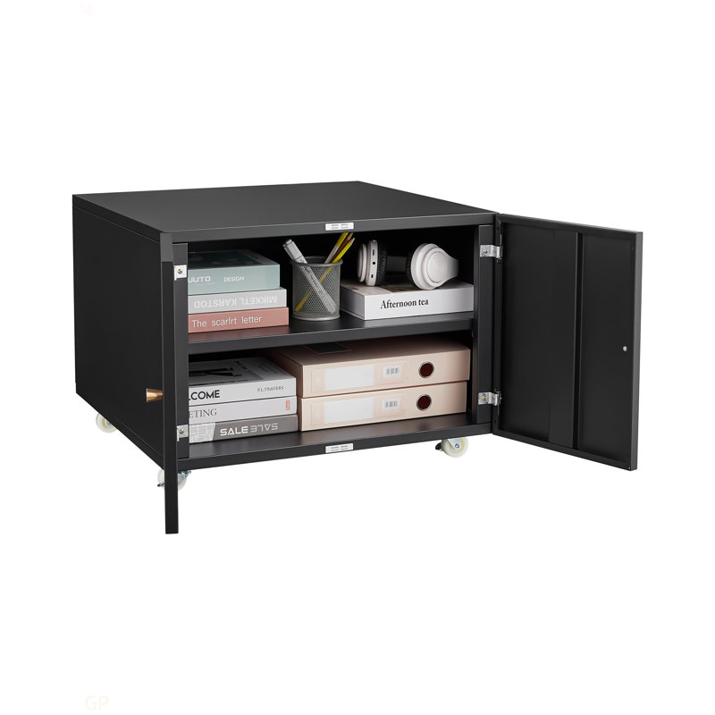 Armoire pour imprimante à deux portes en métal noir - roulettes verrouillables à 360 °, fabriquées en acier, tablettes réglables, imperméables et pas faciles à porter, conception moderne pour le bureau, la maison, le garage.