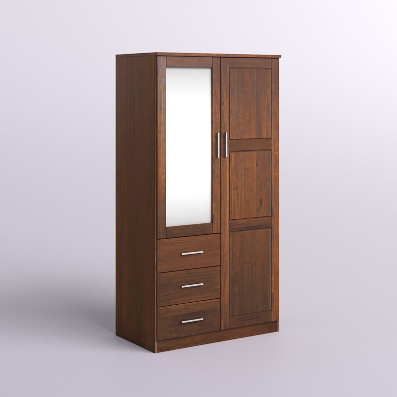 Placard à 2 portes 100% bois massif Metro avec porte miroir, tiroirs et tablettes réglables, Moka