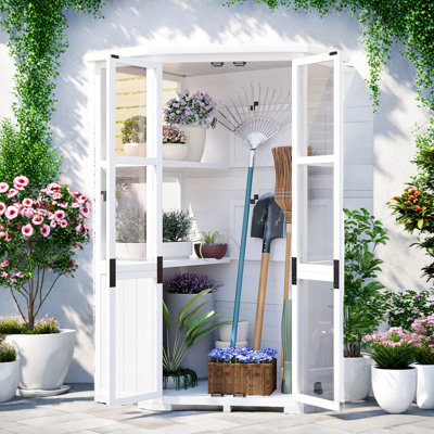 Heigh Garden Wood Storage Cabinet With Waterproof- Roof And Lockable Door For Backyard, Adjustable Shelves Including Two Foldable Ones
