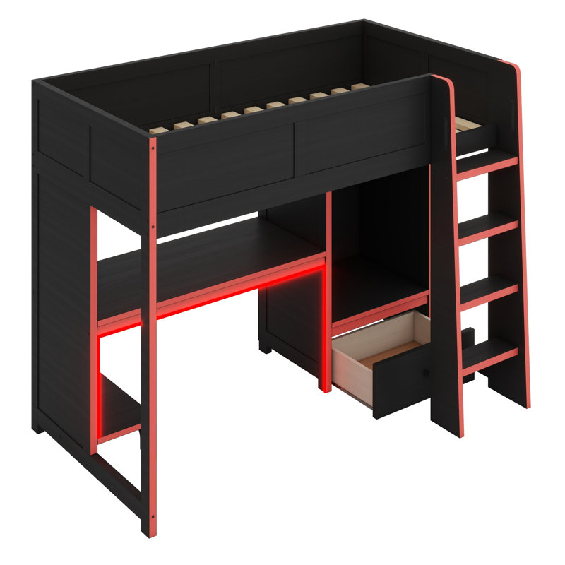 Lit mezzanine en bois avec bureau intégré, garde-robe, DEL et tiroir, Simple