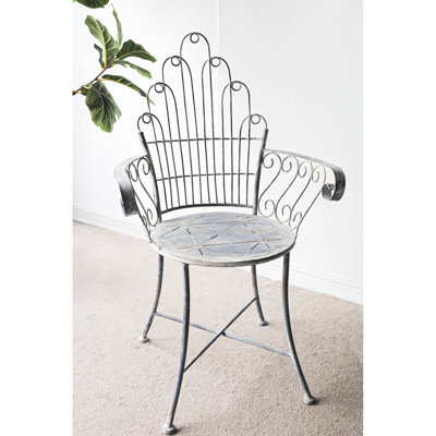 French Country Iron Armchair, 23x22x38 Inches, Distressed Silver Finish, For Outdoor And Indoor Living, Fan - Shaped , Comfortable Seating, 100% Iron, Assembly Required Finish Chair Garden Patio