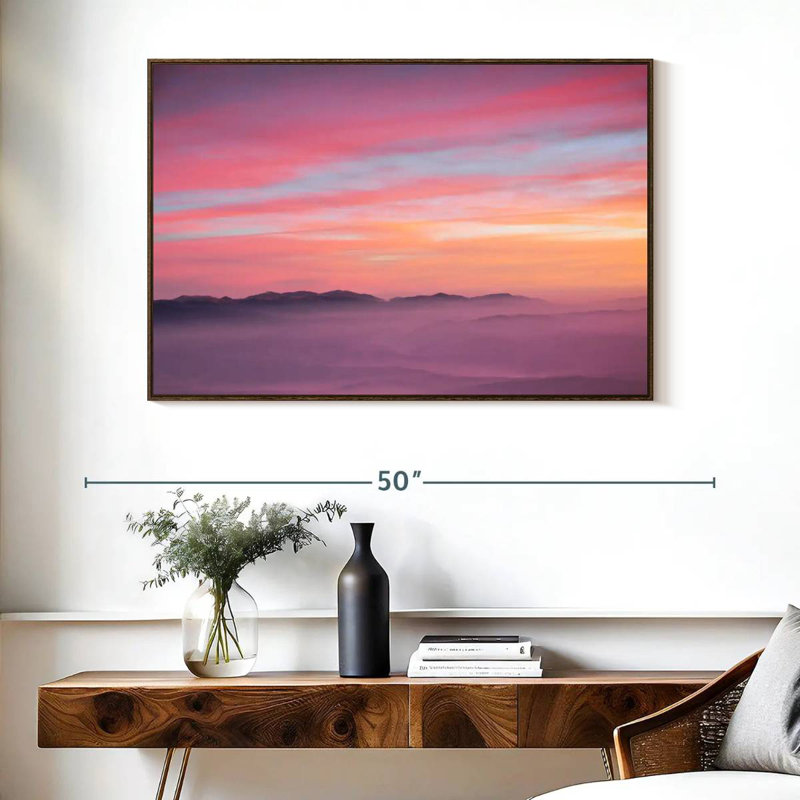 Lever de soleil rose, Cadre flottant en noyer, 40 po x 27 po