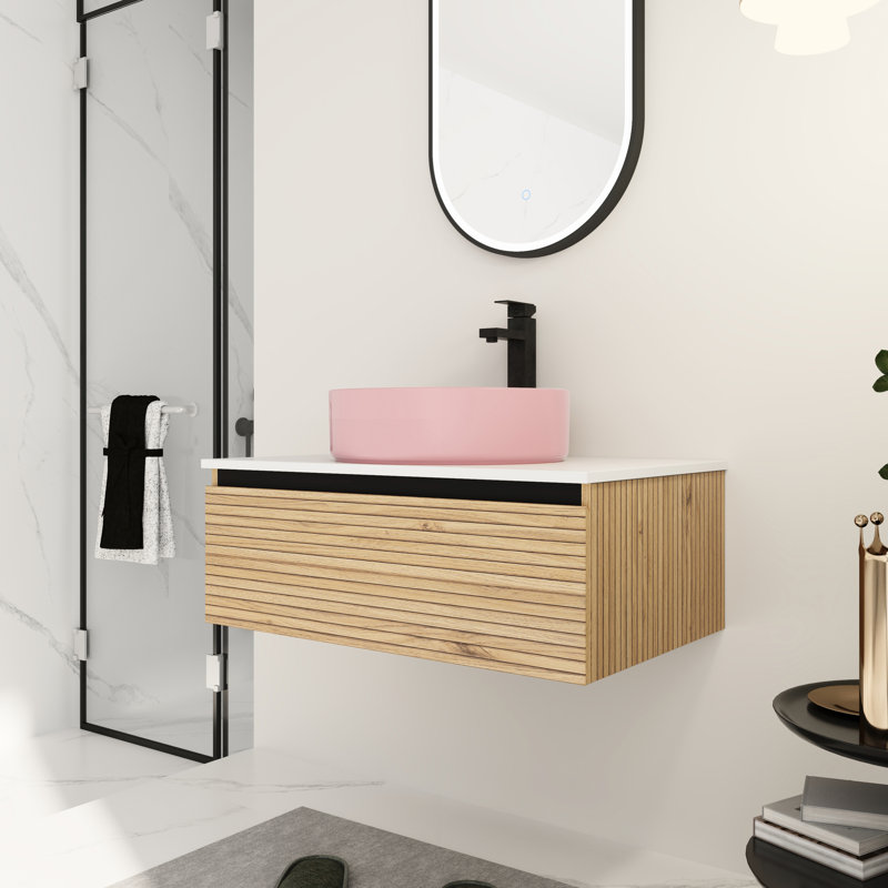 Meuble-lavabo de 30 po avec lavabo en céramique Art Pink, 1 tiroir avec fonction de fermeture en douceur, matériau en contreplaqué, ajout contemporain, surface facile, tiroir à 45 poignées biseautées, base, amélioration moderne,