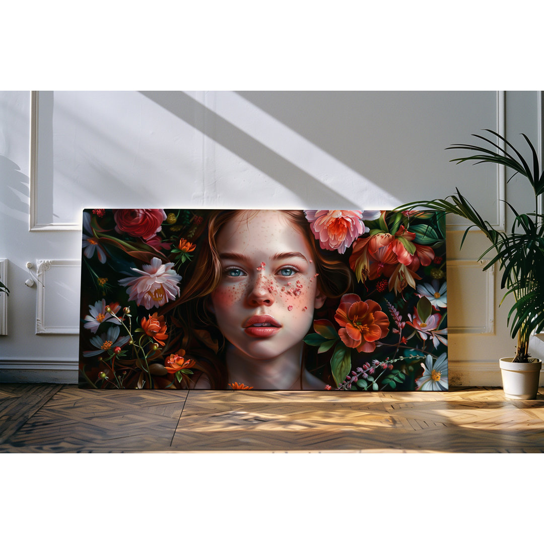 Wandbild 120x60cm Porträt einer jungen Frau Blumen Blüten Frühling grüne Augen