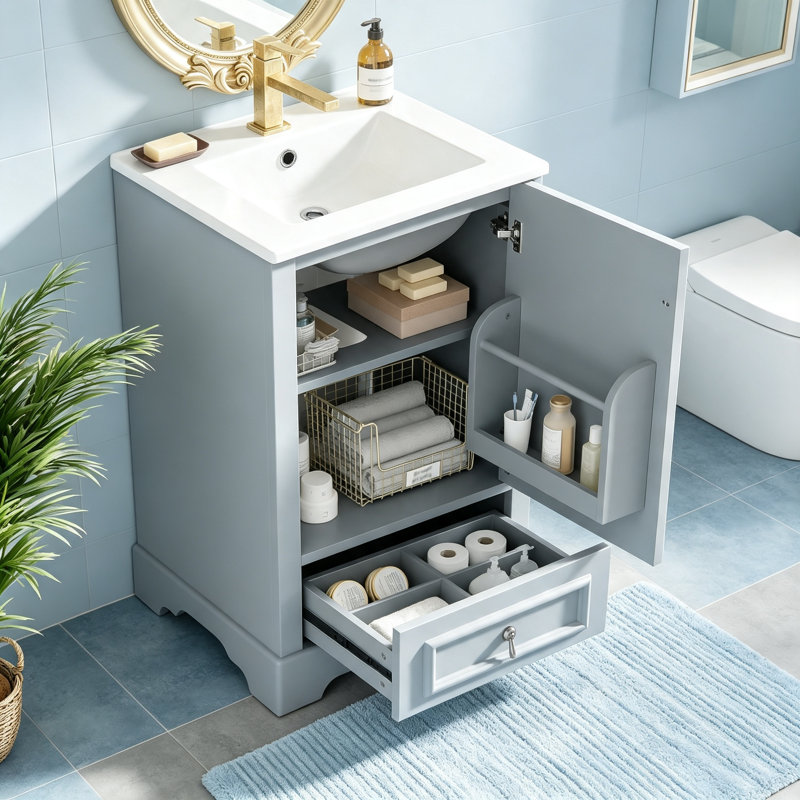 Meuble-lavabo moderne de 20 pouces avec lavabo en céramique, portes à fermeture en douceur, tablette réglable en forme de U et plusieurs options de rangement
