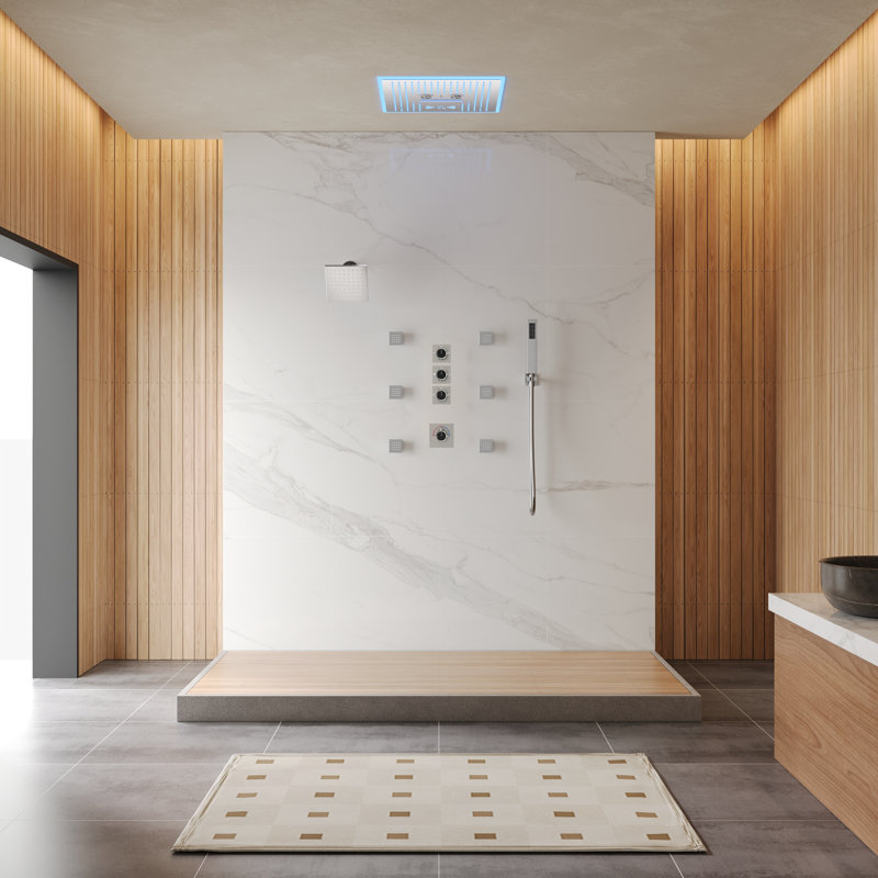 16" LED Thermostatic Shower System with Bluetooth Music, 6" Rainfall Shower faucet with Handheld  Shower, Brushed Nickel