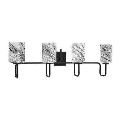 Barre d'éclairage de salle de bain 4 lumières Amarmula, finition noir mat, verre carré onyx tourbillon 3,5 po