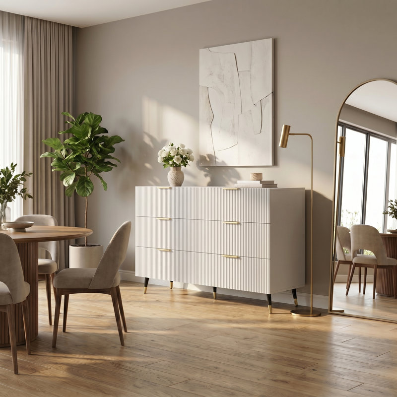 Contemporary 6 Drawer Dresser - Fluted Sideboard With Gold Accents, Spacious Storage Cabinet For Bedroom Living Room, White