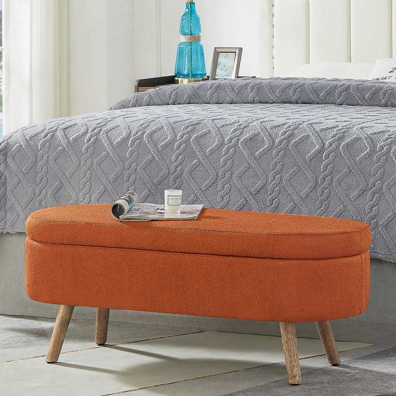 Luxury Oval Boucle Storage Ottoman Bench With Wood Legs 350Lb Weight Capacity & Safety Hinge, For Living Room, Bedroom Entryway,ORANGE
