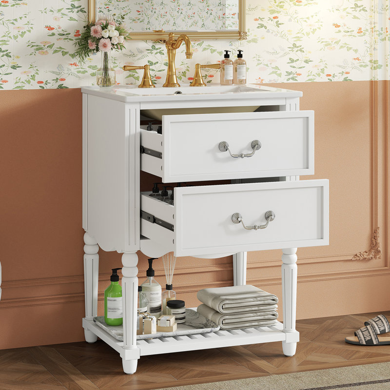 Meuble-lavabo autoportant de 24 po avec lavabo en céramique Velthorix, 2 tiroirs à fermeture en douceur et tablette ouverte