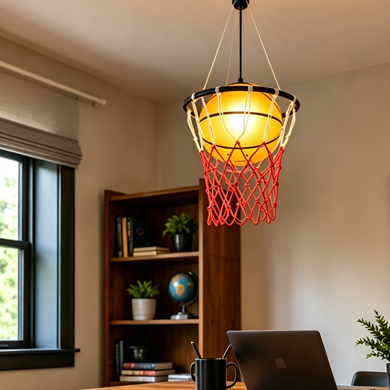 Suspension en forme de ballon de basketball, luminaire suspendu sur le thème du sport avec filet rouge, finition noire, ampoule E26 non incluse