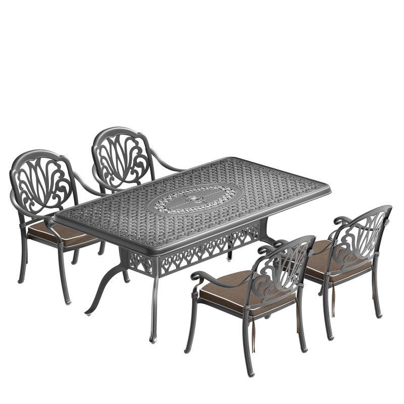 Ensemble de 5 meubles de patio en aluminium coulé avec cadre noir et coussins de siège bruns, 4