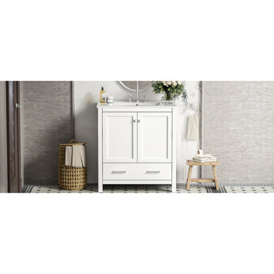 Armoire de salle de bain blanche de 30 po, meuble-lavabo simple, structure en bois massif, 2 portes et 1 tiroir, fonction de fermeture en douceur, meuble-lavabo élégant avec lavabo, fabrication de finition, pour une détente