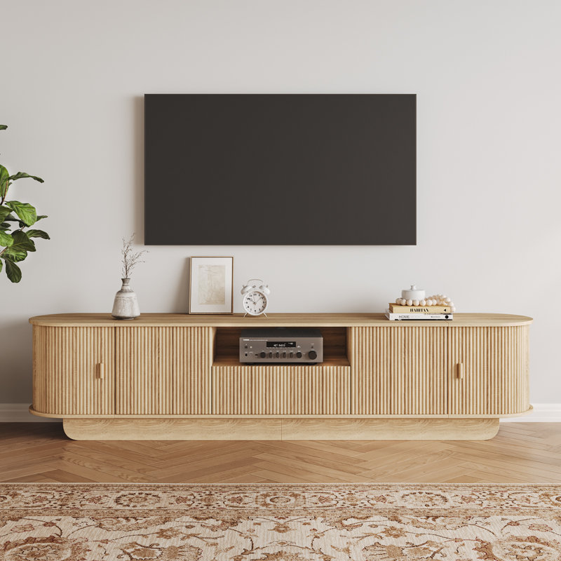 86.6" Curved TV Stand for 85 Inch TV, Entertainment Centre with Storage, Fluted Media Console with Sliding Doors, Mid Century Modern TV Consoles for Living Room, Bedroom 